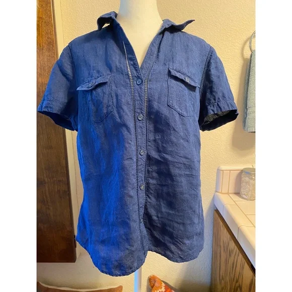 Women's Blue Button-Up 100% Linen Shirt - Picture 3 of 6